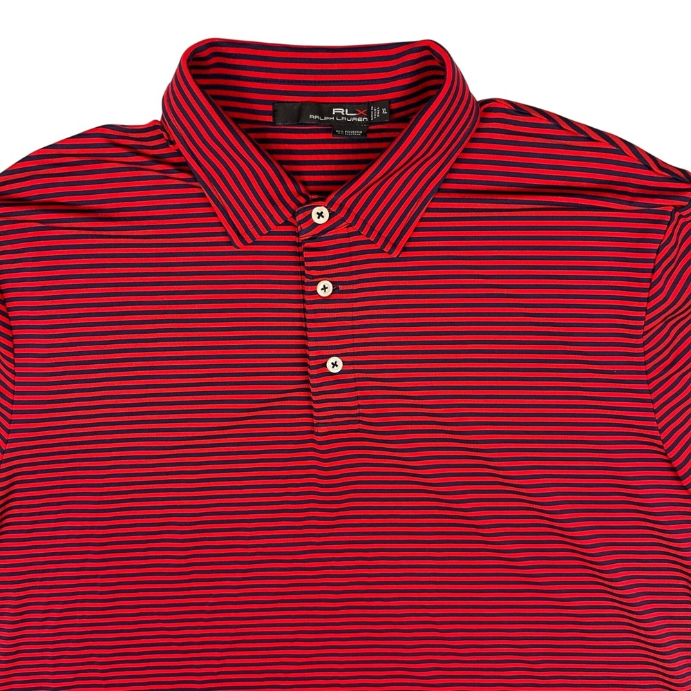 RLX Ralph Lauren Mens XL Red Navy Blue Striped Performance Golf Polo Shirt